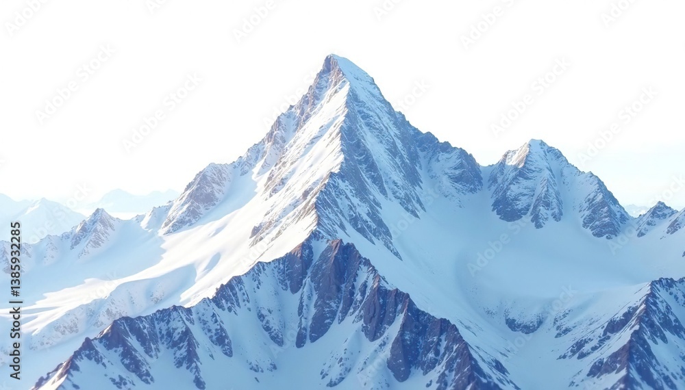 Fototapeta premium Snow covered mountain peak against bright white sky, scenery, nature