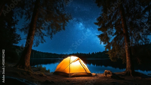 Fototapeta Naklejka Na Ścianę i Meble -  Illuminated tent beside a tranquil lake under a starry night sky in a forest.