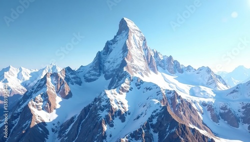 Snow-covered mountain peak, brilliant white against clear sky, mountain, icy