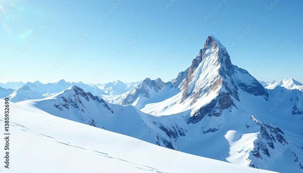 Snow-covered mountain peak, brilliant white snow against a clear sky, peaceful, travel, background Snow-covered mountain peak, brilliant white snow against a clear sky, peaceful, travel, background