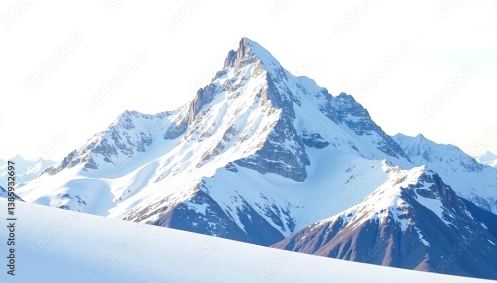 Obraz premium Snow-covered mountain peak on bright white background, panorama, peak, snow