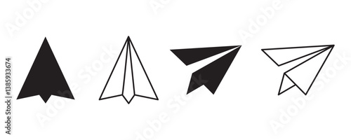 Paper plane liner icon vector set. paper airplane black icon vector. Send message button. Mail sign. Flight origami. Travel pictogram. Online chat concept vector illustration.