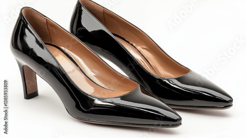 A pair of elegant high-heeled shoes with a glossy finish, on a white background
