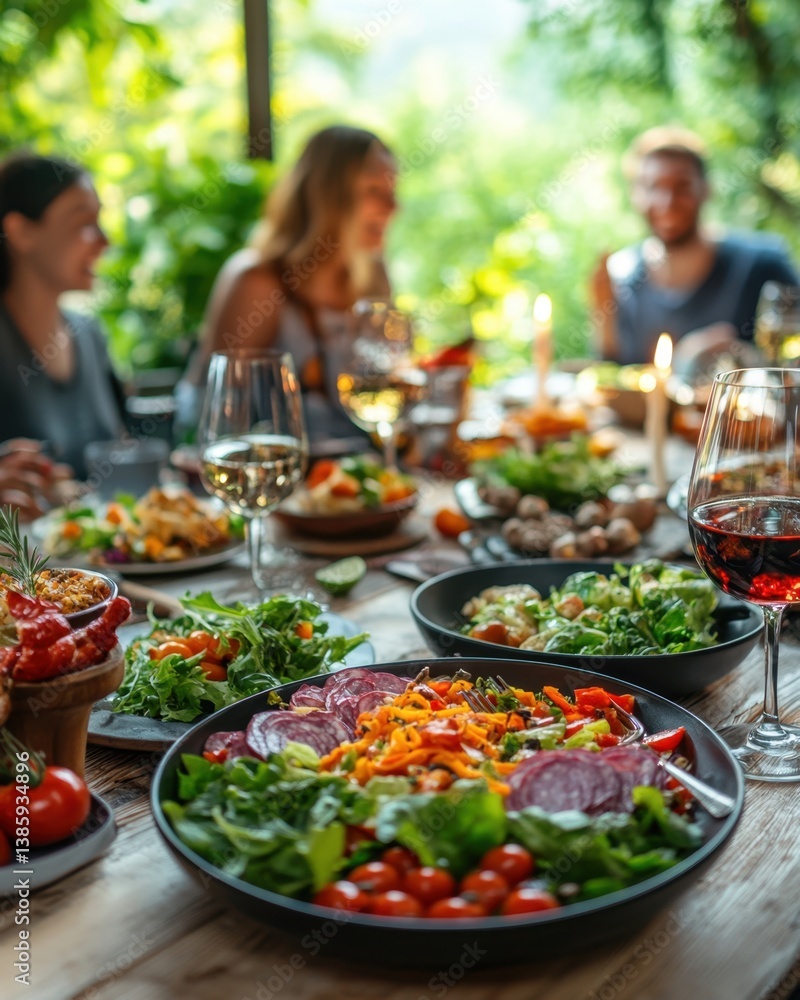 Naklejka premium Festive outdoor dining experience with fresh salads and wine for friends and family in a garden setting