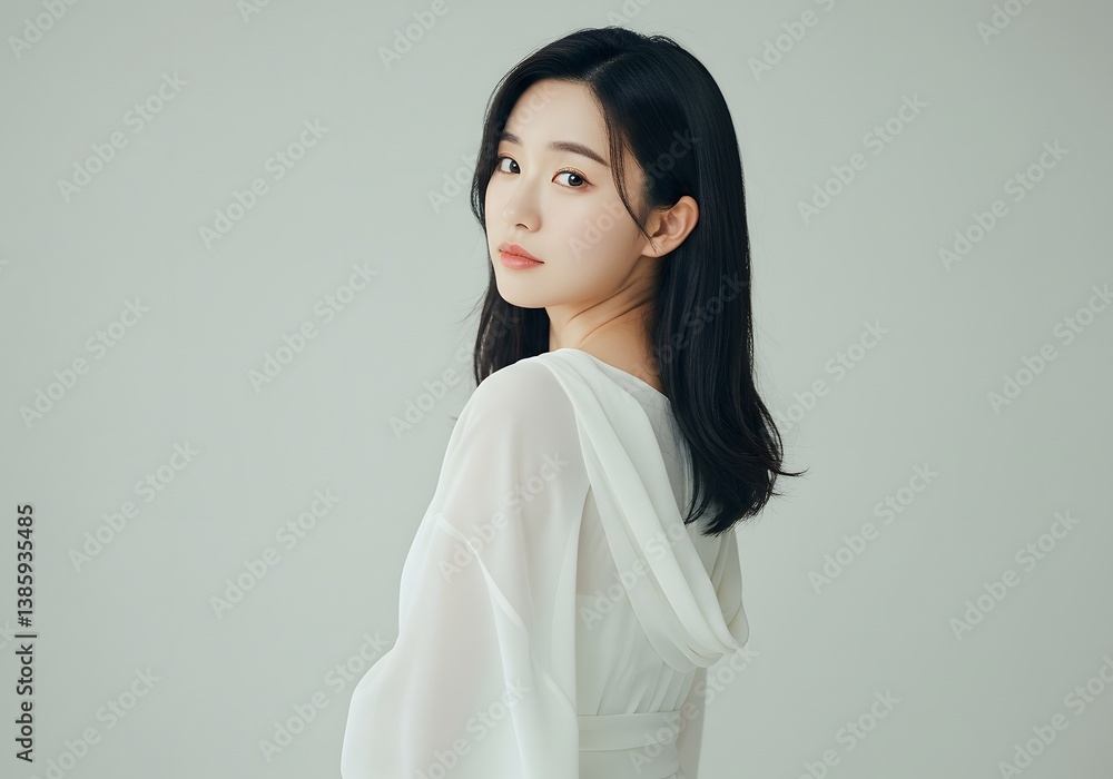 Beautiful Asian Woman in White Outfit Posing Elegantly in Studio with Natural Light.