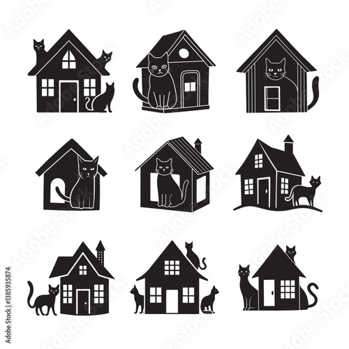 Black vector set of cat house icons