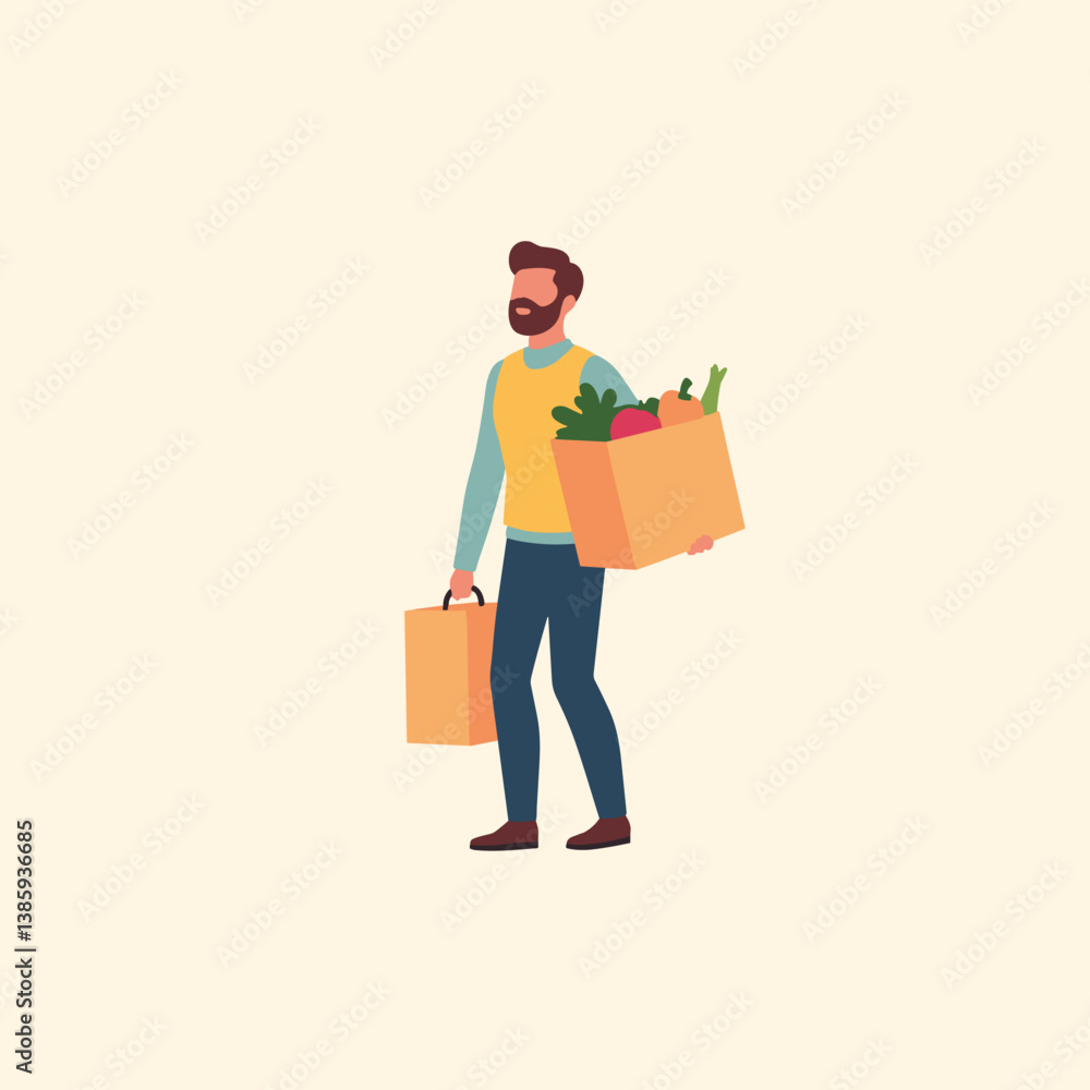 Man carrying grocery bags with fresh vegetables and fruits Man carrying grocery bags with fresh vegetables and fruits