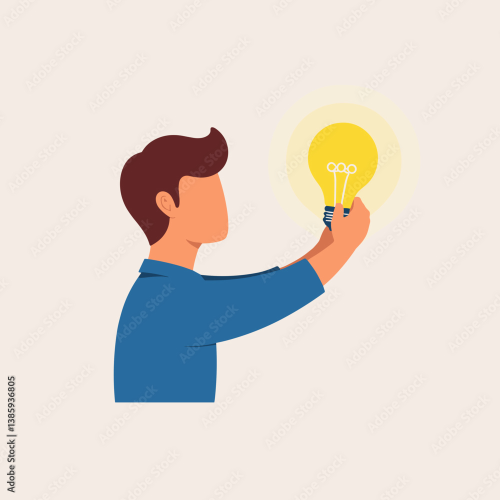 Man holding a glowing light bulb representing ideas against a light background Man holding a glowing light bulb representing ideas against a light background