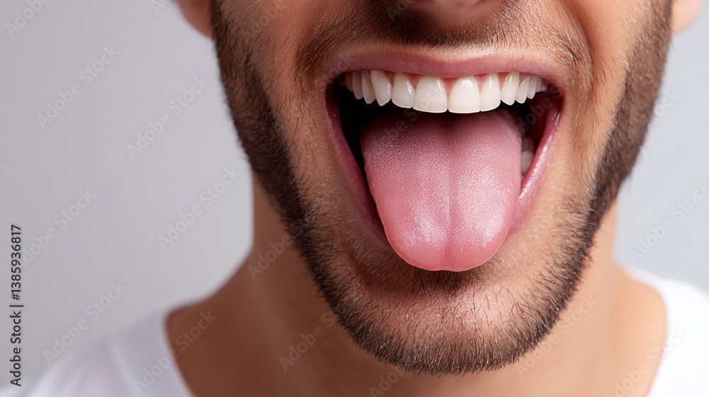 Fototapeta premium Close up view of a man with an open mouth showing his tongue and white teeth with beard visible