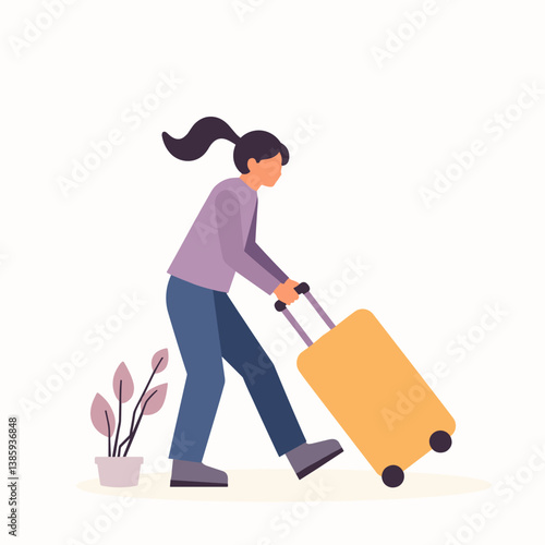 Woman pulling suitcase with plant in light background  