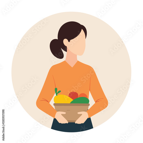Woman holding a basket of fruits against a circular background  
