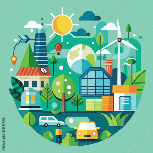 Eco-Friendly Carbon Emission Reduction Vector Illustration – Green Energy and Sustainability Concept Design