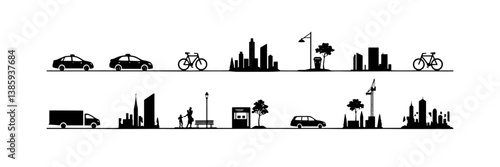 A silhouette icon set of urban and city life