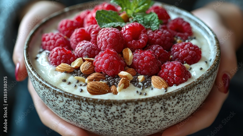 Woman's hands holding a bowl of yogurt with raspberries, almonds, and chia seeds. Woman's hands holding a bowl of yogurt with raspberries, almonds, and chia seeds.