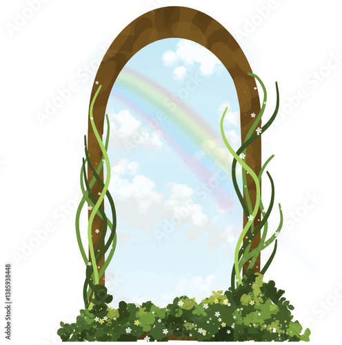 This fantasy-style icon shows a wooden arch with climbing plants, looking out to a bright sky with clouds and a gentle rainbow, evoking wonder and serenity.
