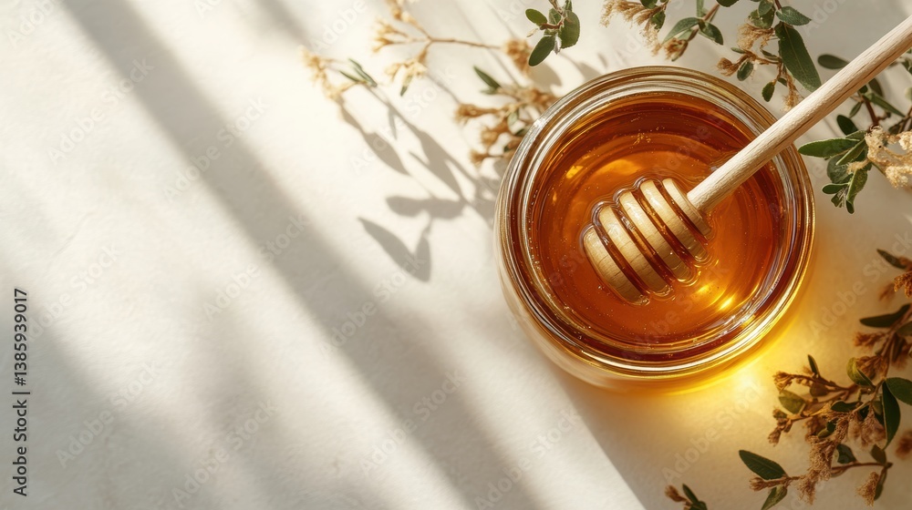 Fototapeta premium A glass jar of honey with a wooden honey dipper, on a white background