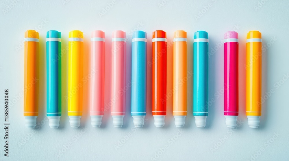 A set of colorful highlighters arranged neatly, on a white background A set of colorful highlighters arranged neatly, on a white background