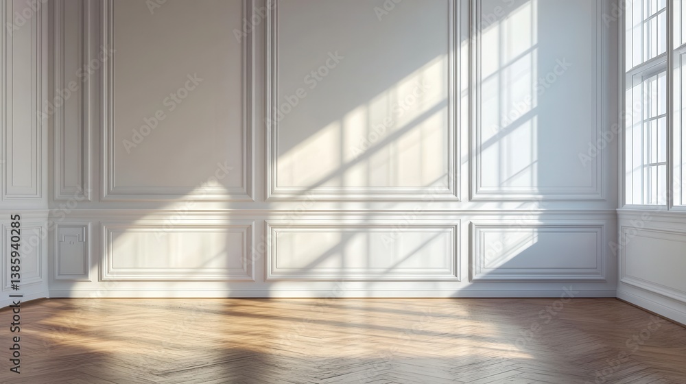 Bright Sunlight Illuminating an Elegant Room with Decorative White Walls and Parquet Floor Creating a Serene and Inviting Ambiance for Interior Design
