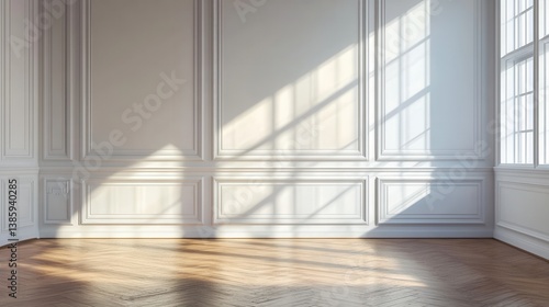 Obraz na płótnie Bright Sunlight Illuminating an Elegant Room with Decorative White Walls and Parquet Floor Creating a Serene and Inviting Ambiance for Interior Design w salonie