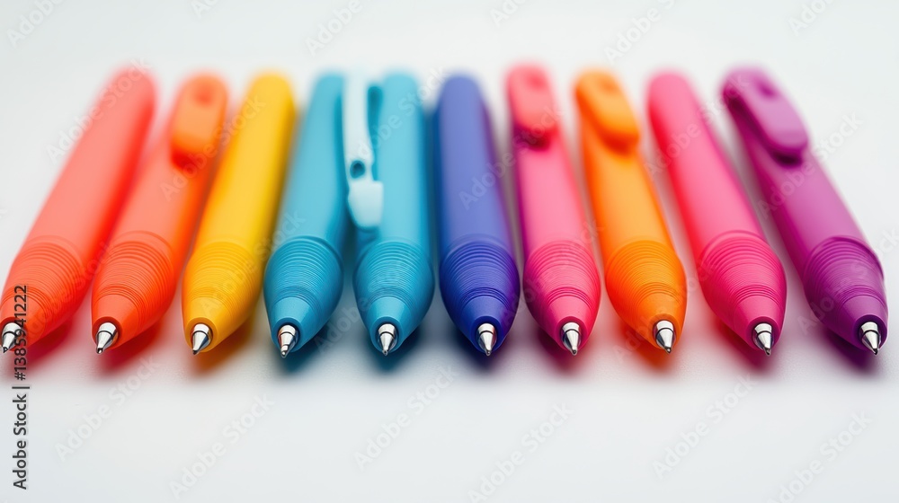 A set of bright colored pens arranged in a row, on a white background A set of bright colored pens arranged in a row, on a white background