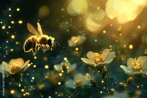 A surreal dreamscape where bees leave shimmering trails of golden light as they gracefully pollinate vibrant flowers in a glowing, magical world