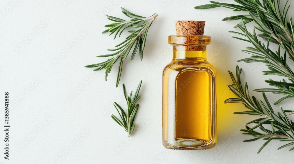 A glass bottle of olive oil with a sprig of rosemary, on a white background A glass bottle of olive oil with a sprig of rosemary, on a white background