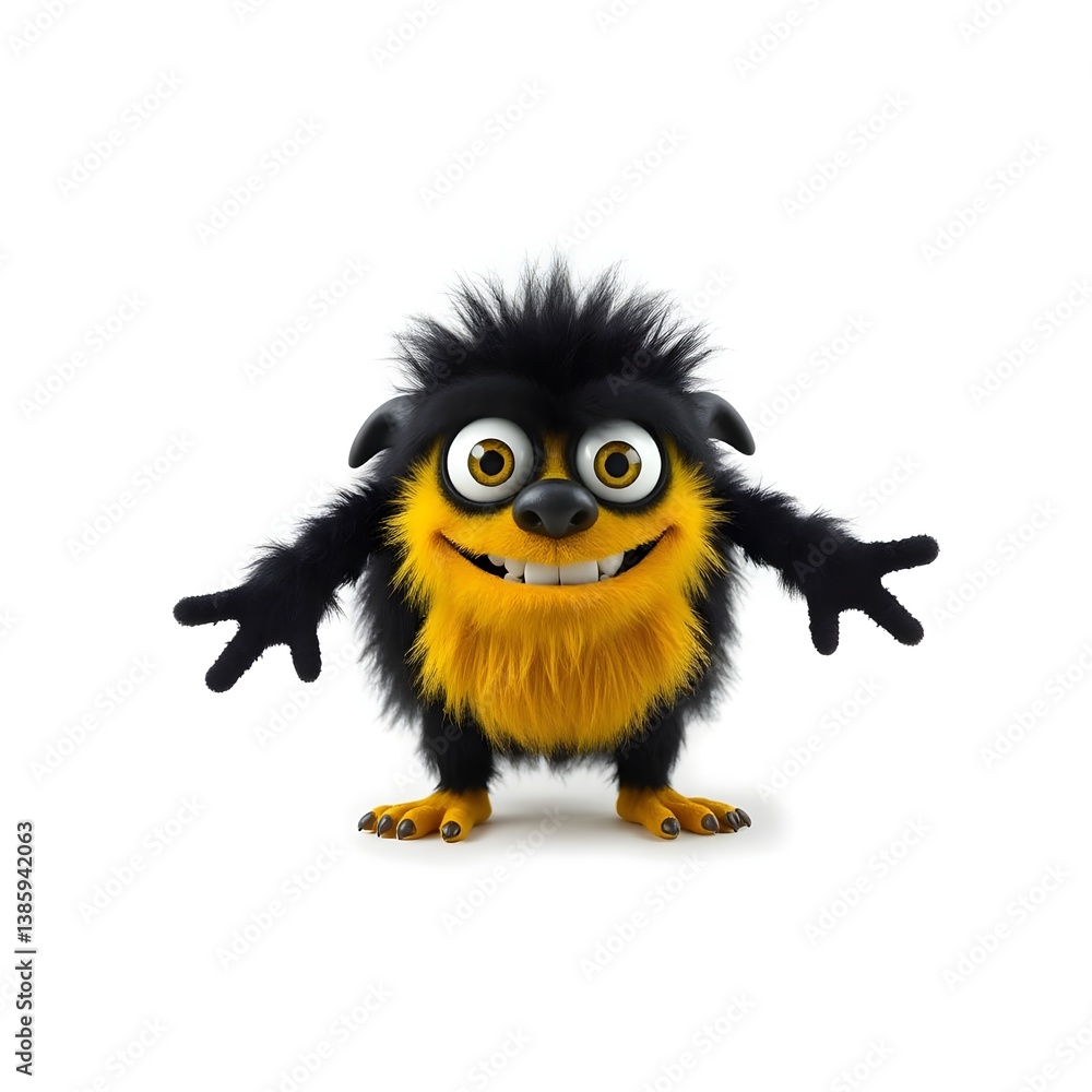 Fototapeta premium Funny fluffy creature with big eyes and a smile. White background. Created with Generative AI technology