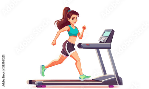 Active sportswoman cartoon character training on treadmill machine isolated vector illustration