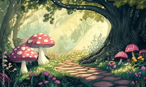 Forest pathway with giant mushrooms, sunlight, and lush greenery, enchanting.