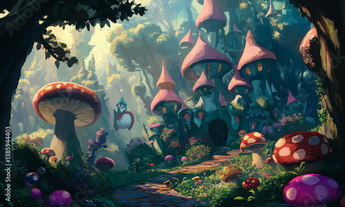 Fantasy forest scene with large colorful mushrooms and sunlight.