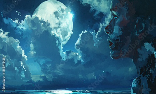 A man standing trying to overcome suffering, his eyes shining blue, a determined expression, a side view of his whole body, the sea and clouds in the background