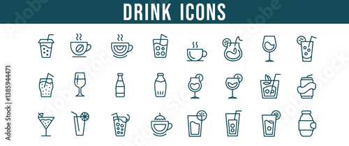 Line Icons of Refreshing Summer Drinks, Including Iced Beverages, Teas, Smoothies, and Cocktails in Minimalist Style
