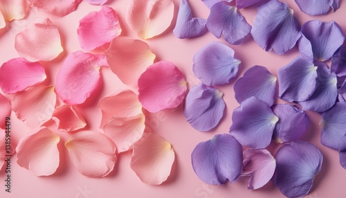 Pastel rose and violet petals on pink background