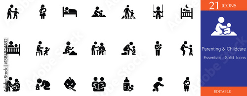 A set of 21 solid black vector icons showcasing essential parenting and childcare activities like feeding, playing, sleeping, and caregiving. Perfect for family-related designs and applications