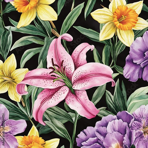 Seamless Watercolor Floral Pattern – Pink Lilies, Yellow Daffodils & Purple Peonies on Black