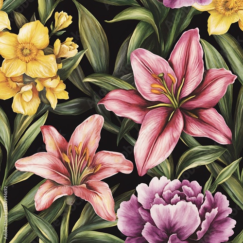 Seamless Watercolor Floral Pattern – Pink Lilies, Yellow Daffodils & Purple Peonies on Black