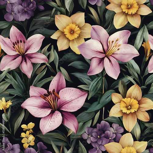 Seamless Watercolor Floral Pattern – Pink Lilies, Yellow Daffodils & Purple Peonies on Black