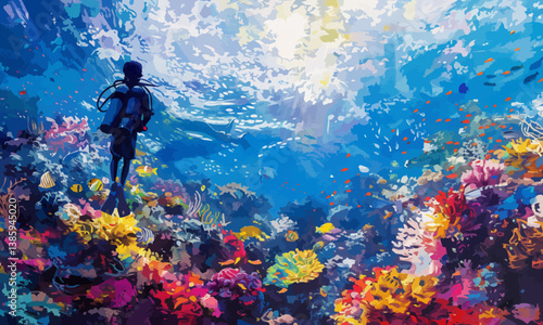 a painting of a diver looking at the reef