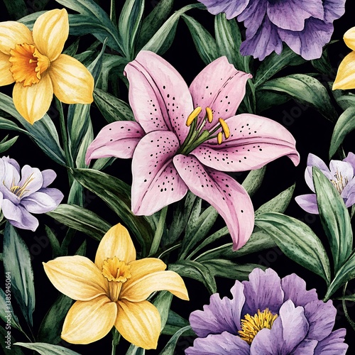 Seamless Watercolor Floral Pattern – Pink Lilies, Yellow Daffodils & Purple Peonies on Black