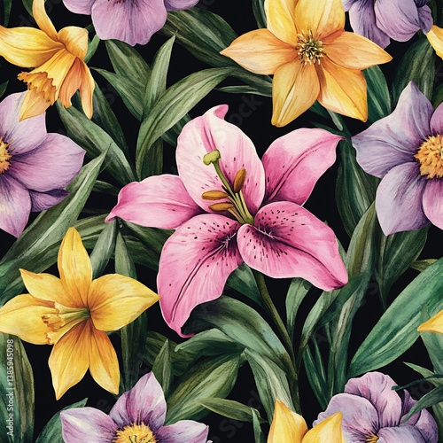 Seamless Watercolor Floral Pattern – Pink Lilies, Yellow Daffodils & Purple Peonies on Black