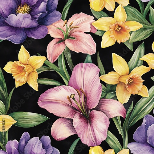 Seamless Watercolor Floral Pattern – Pink Lilies, Yellow Daffodils & Purple Peonies on Black