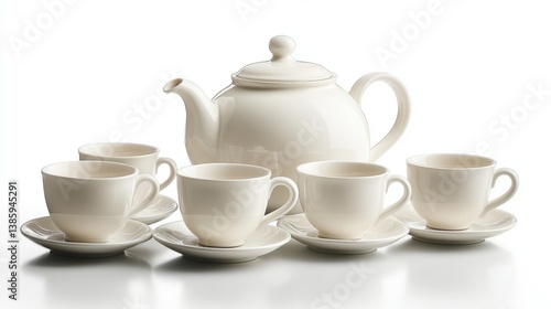 Wallpaper Mural A white porcelain tea set including a teapot, cups, and saucers, on a white background Torontodigital.ca