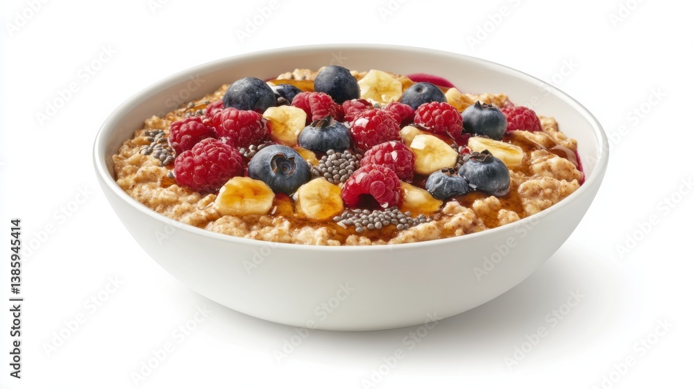 A vibrant bowl of oatmeal topped with berries, chia seeds, and honey. Featuring comfort and health A vibrant bowl of oatmeal topped with berries, chia seeds, and honey. Featuring comfort and health