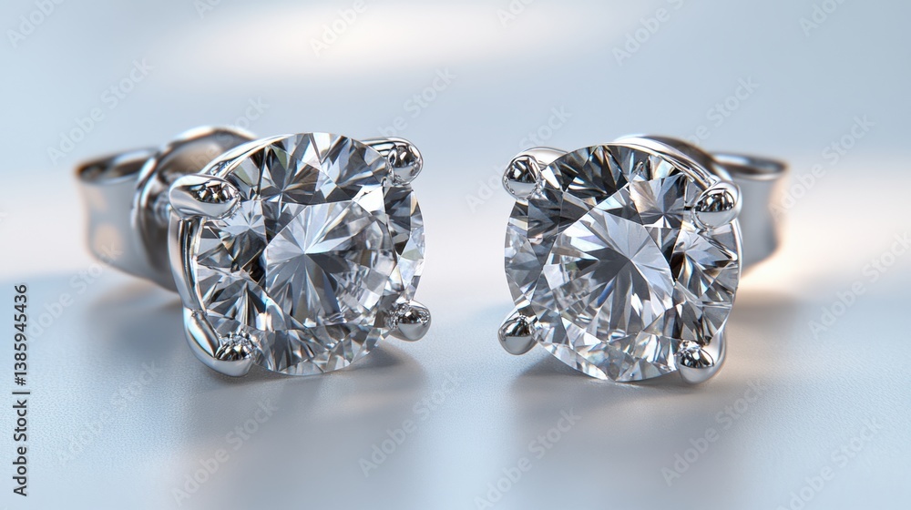 A pair of elegant diamond stud earrings with a reflective shine, on a white background A pair of elegant diamond stud earrings with a reflective shine, on a white background
