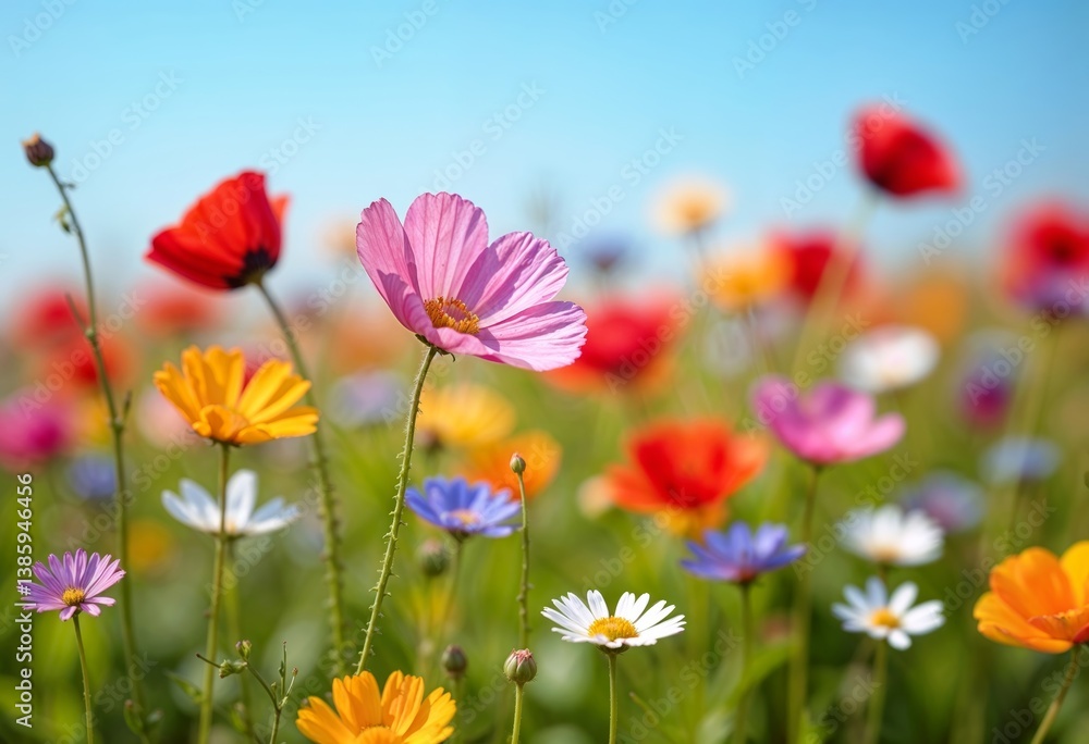 Colorful Wildflower Meadow with Poppies, Cosmos, and Daisies Colorful Wildflower Meadow with Poppies, Cosmos, and Daisies