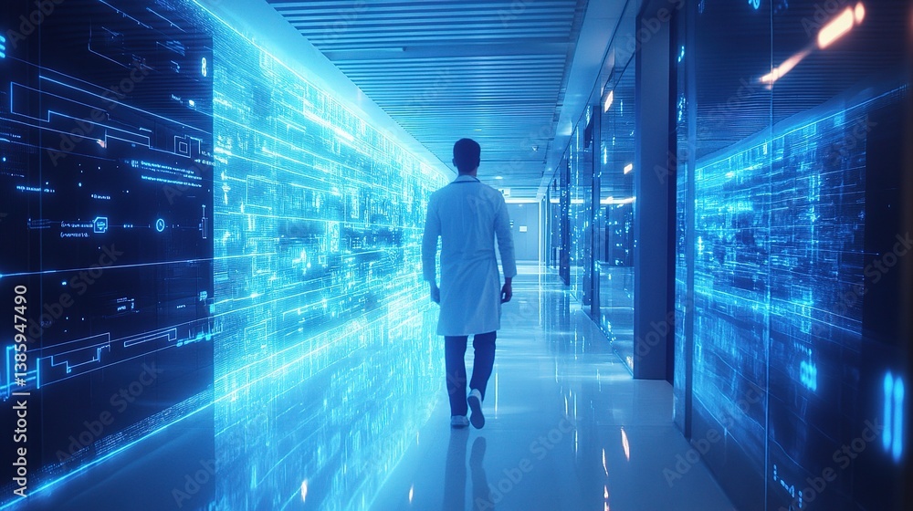 Doctor Walking Through a Smart Hospital Corridor with Digital Displays Doctor Walking Through a Smart Hospital Corridor with Digital Displays