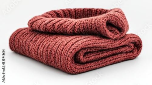 A folded wool sweater with a high collar, on a white background