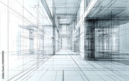 Precision architectural blueprint line art, technical drawings with intricate perspective depth