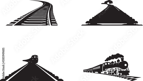 Black and White Railroad Silhouettes of Trains and Tracks