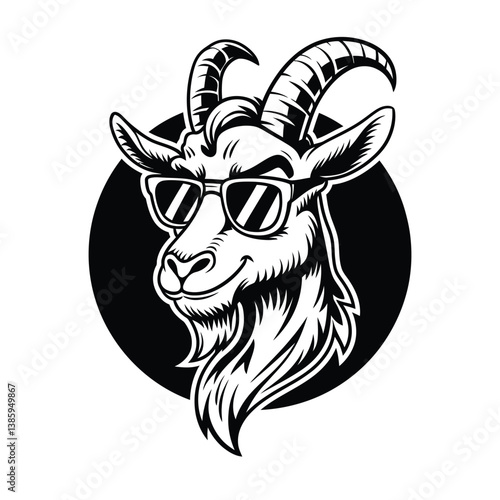Cool Goat with Sunglasses Vector Illustration - Retro Hipster Goat Head Mascot in Black and White for T-Shirt, Logo, or Sticker Design